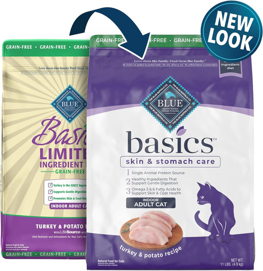 Blue Buffalo Basics Skin & Stomach Care Grain Free, Natural Indoor Adult Dry Cat Food, Turkey & Potato 11-lb