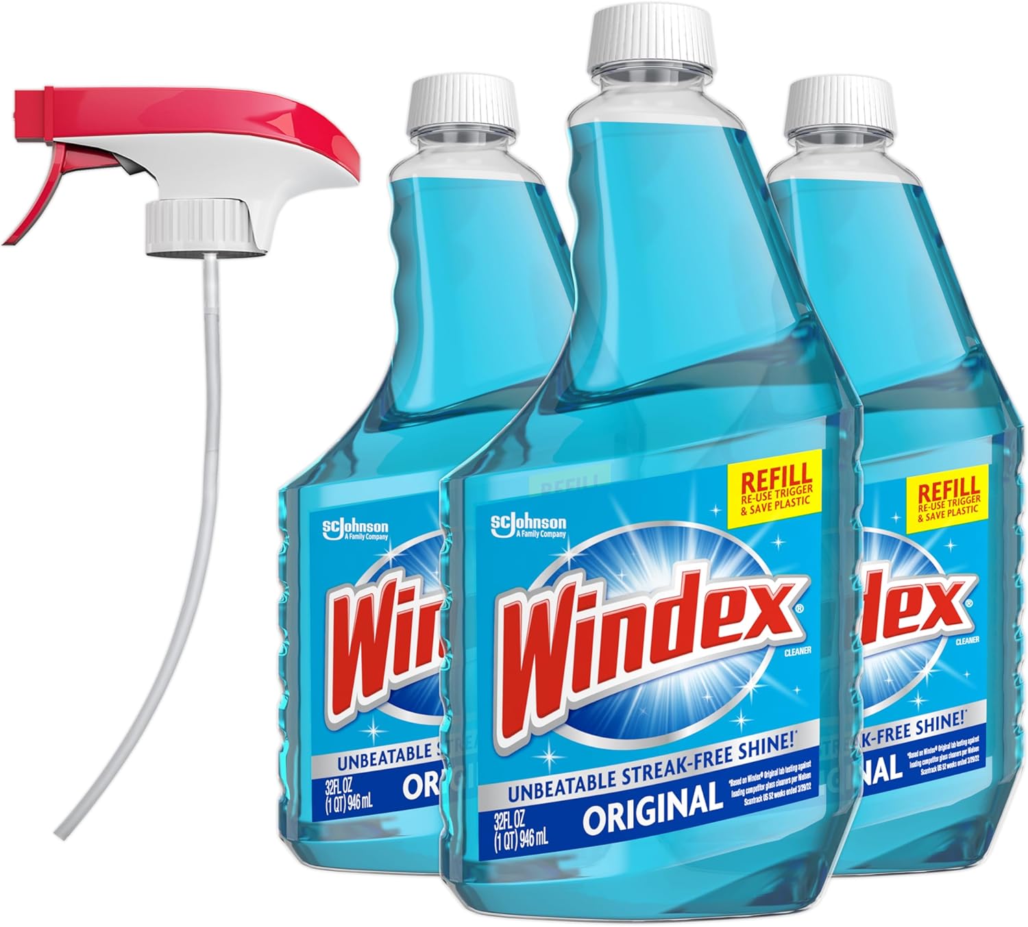 Windex Original Glass Cleaner, Refill Bottle, 32 Fl Oz, 3 Ct, And Reusable Trigger