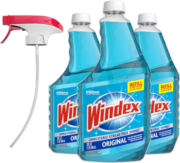 Windex Original Glass Cleaner, Refill Bottle, 32 fl oz, 3 ct, and Reusable Trigger