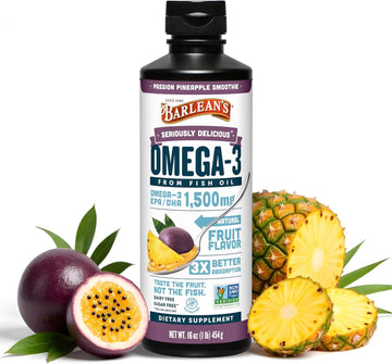 Barlean'S Passion Pineapple High Potency Omega 3 Fish Oil Liquid Supplement, 1500Mg Epa & Dha Fatty Acid, Smoothie Flavored & Burpless For Brain, Joint, & Heart Health, 16 Oz