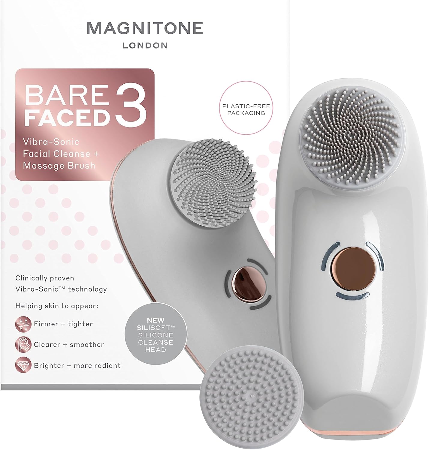 Magnitone Barefaced3 Vibra-Sonic Facial Cleanse + Massage Brush, Rechargeable Electric Face Brush, Gentle + Deep Cleanse + Pulselift Massage, Skin Is Firmer, Tighter, Clearer, Smoother & More Radiant