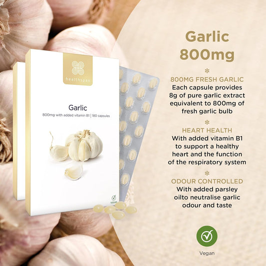 Healthspan Garlic 800Mg (6 Months' Supply) | For A Healthy Heart & Respiratory System | Maintains Normal Cholesterol Levels | Added Vitamin B1 | Easy To Swallow Capsules & Odour Controlled | Vegan