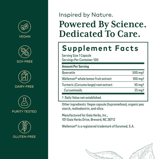 Gaia Herbs Pro Quercetin Synergy 500 - Immune System Support Supplement* - Cell Health Supplement* With Quercetin Bromelain & Turmeric - 100 Tablets (100 Servings)