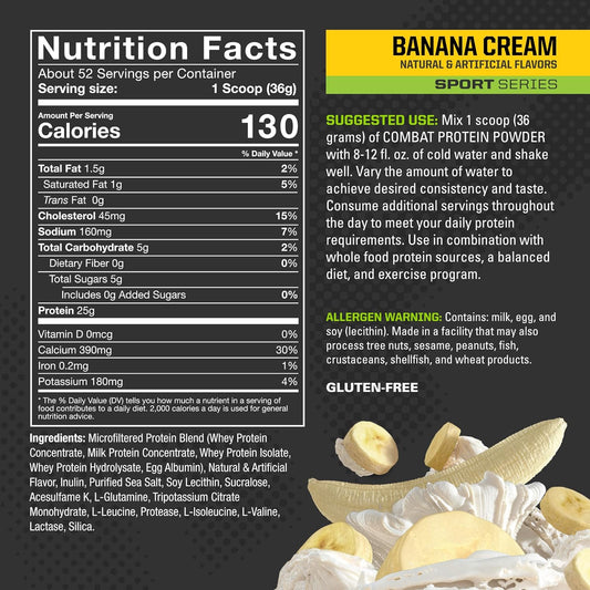 MusclePharm Combat Protein Powder, Banana Cream - 4 lb - Gluten Free -