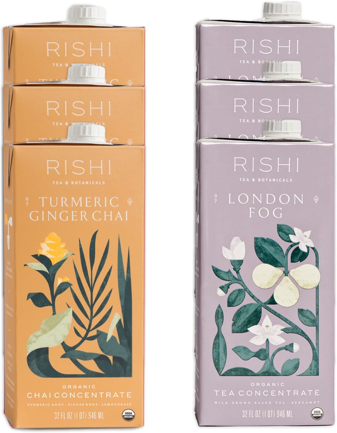 Rishi Tea London Fog & Turmeric Ginger Chai Latte Bundle - Organic Tea Concentrate, Easy-To-Serve Hot Or Iced Chai Tea Mix - 32 Fl Oz Carton, 8 Servings (Pack Of 6)