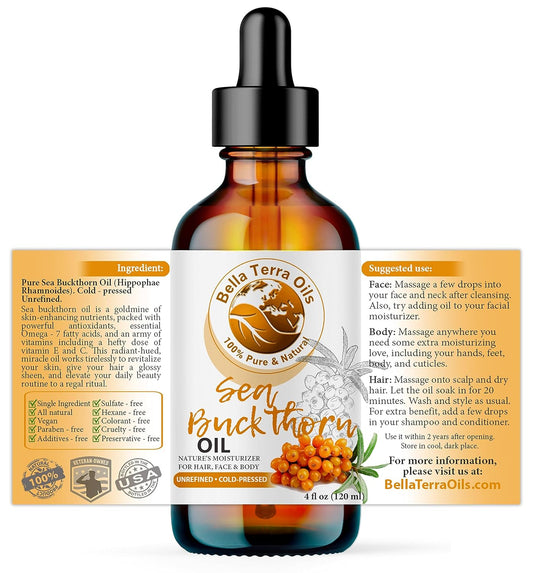 Bella Terra Oils - Seabuckthorn Berry Oil 4oz - Experience Nature's Luxurious Touch, Brimming with Vitamin E & Carotenoids, Transcend Ordinary Skincare