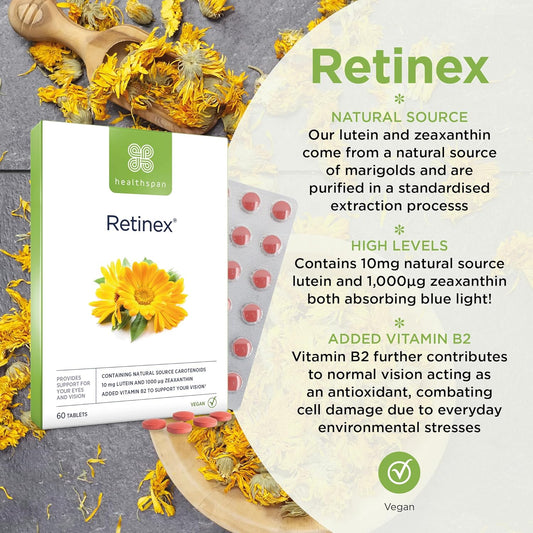 Healthspan Retinex Eye Support | 60 Tablets | 10Mg Natural Source Of Lutein | High Levels Of Zeaxanthin | Added Vitamin B2 | Vegan