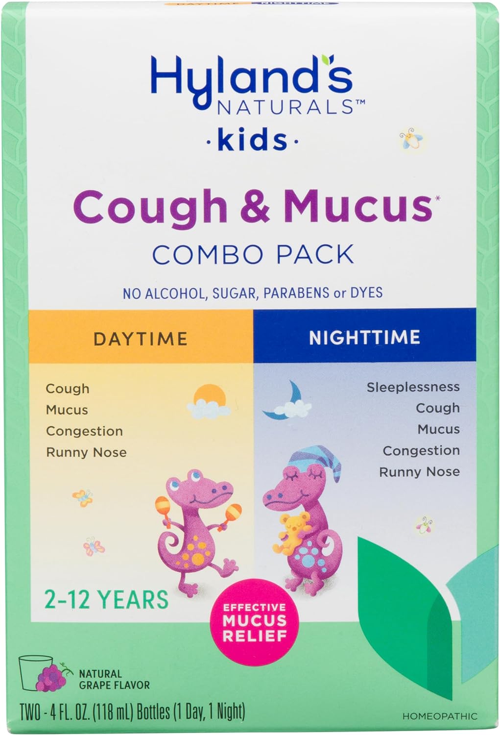 Hyland'S Kids Cough Syrup & Mucus Relief Daytime & Nighttime Combo Pack, Kids Cough Medicine For Ages 2-12, Grape Flavor, Natural Sleep Aid, Cough, Runny Nose, Mucus & Congestion, 8 Ounces