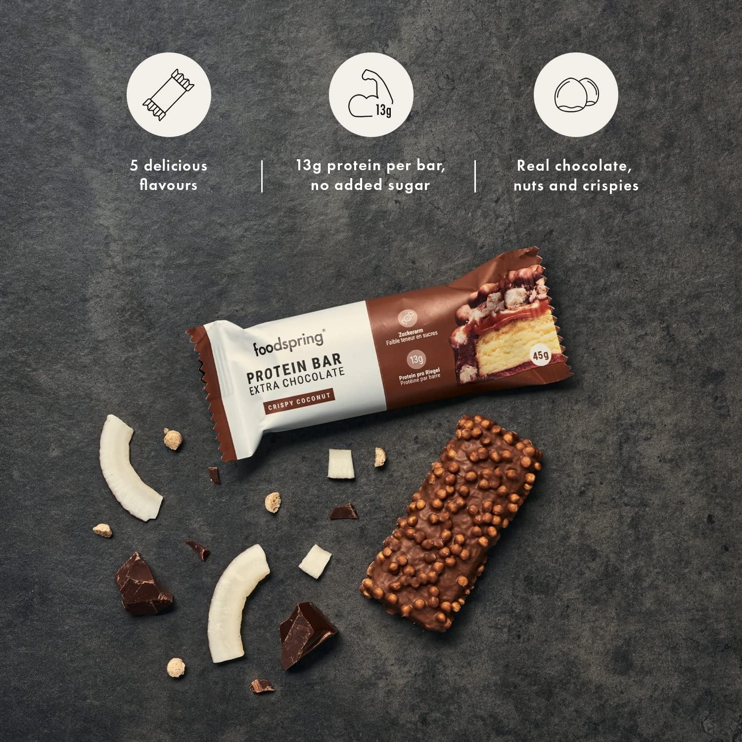 foodspring New Extra Chocolate Protein Bars - 13g protein per bar, no added sugar, nutritious post-workout or on-the-go snack - Crispy Coconut - 45g, Pack of 12 : Amazon.co.uk: Grocery