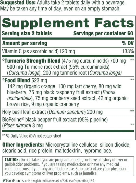 MegaFood Turmeric Curcumin Extra Strength - Whole Body - Turmeric Curcumin with Black Pepper- 475mg Curcuminoids - Holy Basil, Tart Cherry - Made Without 9 Food Allergens - 120 Tabs (60 Servings)