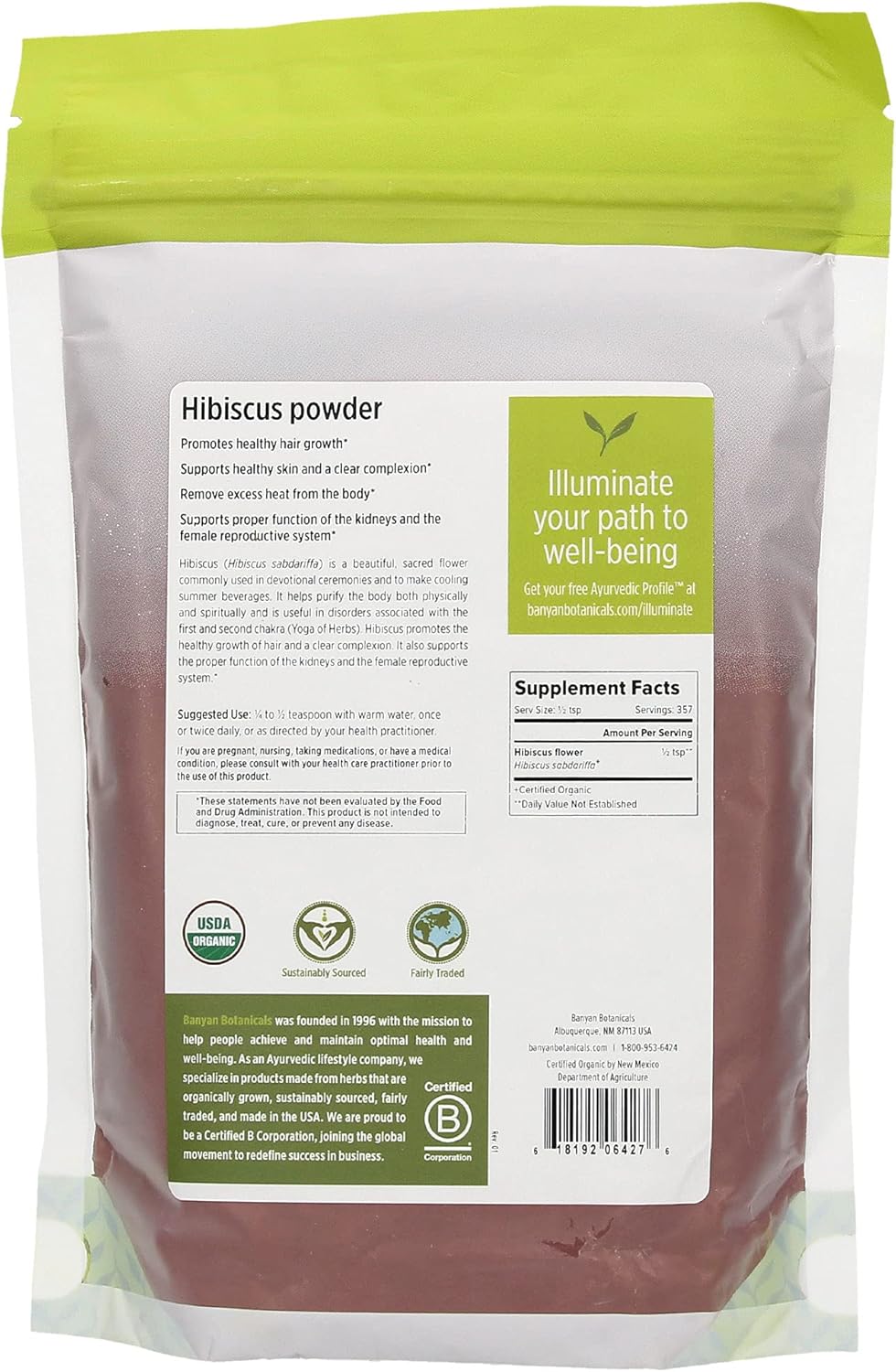 Banyan Botanicals Hibiscus ower Powder  - USDA Organic - Hibiscus sabdariffa - for Hair, Skin, & Women's Health