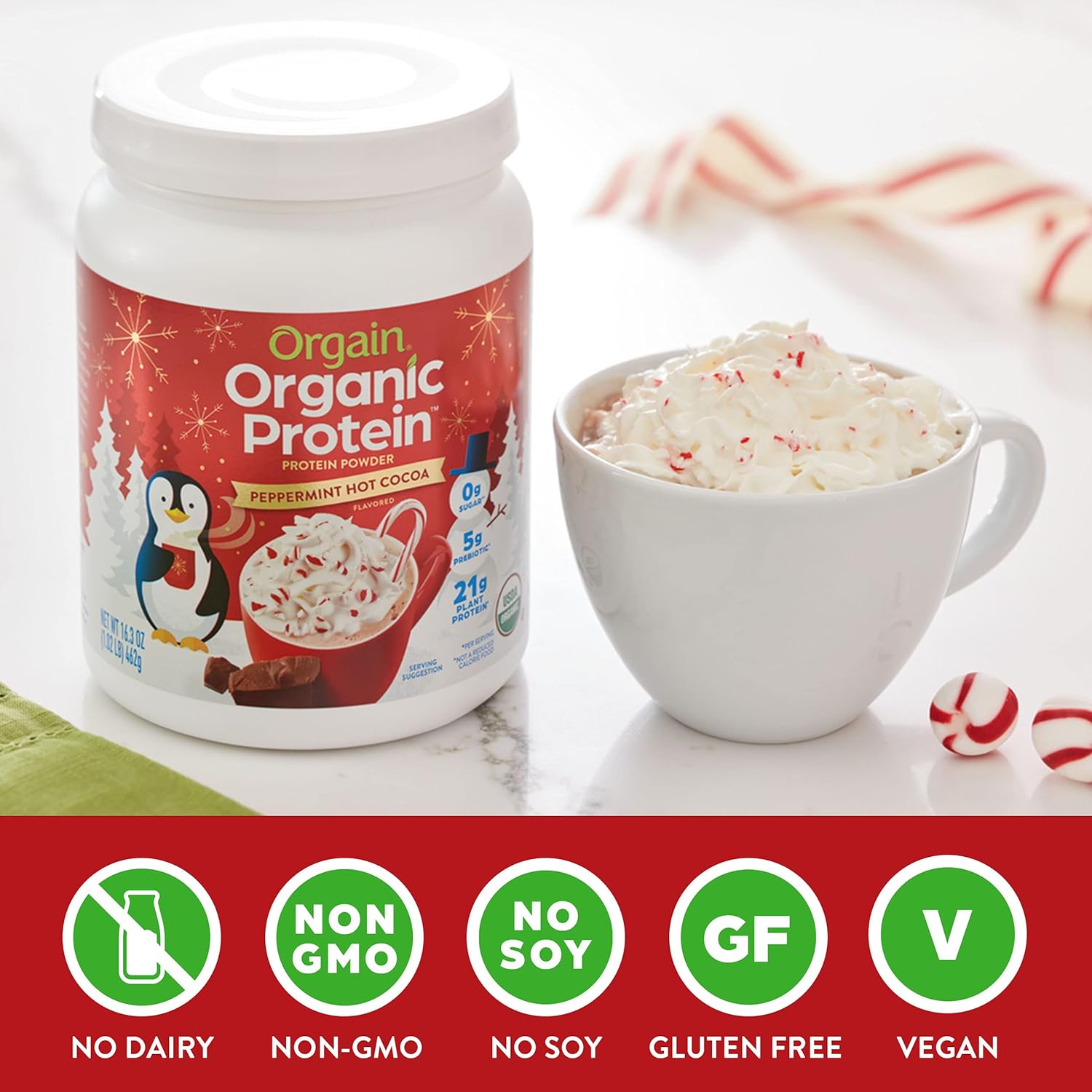 Orgain Organic Vegan Protein Powder, Peppermint Hot Cocoa Holiday Flavor - 21g of Plant Protein, 5g Prebiotic Fiber, No Lactose Ingredients, No Added Sugar, Non-GMO, For Shakes & Smoothies, 1.02 lb : Health & Household