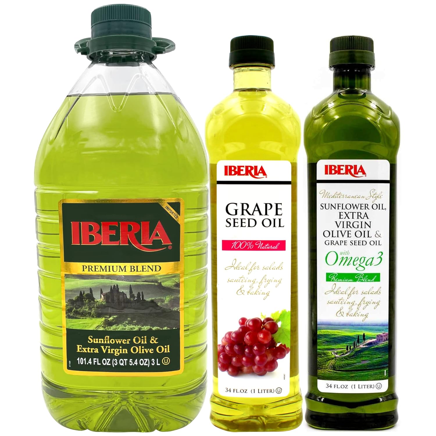 Iberia Sunflower & Extra Virgin Olive Oil Blend, 3 Liter + Iberia All Natural Grapeseed Oil, 34 fl. oz. + Iberia Mediterranean Style Omega 3 Cooking Oil, 34 fl oz : Grocery & Gourmet Food