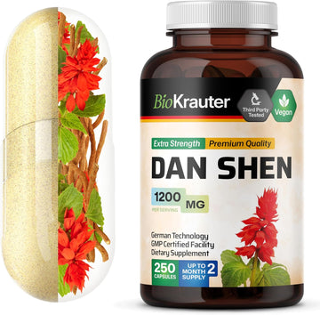 Bio Krauter Dan Shen Root Capsules - 1200 Mg Strength - 100 Red Sage Caps - Antioxidant Source - Salvia Miltiorrhiza Root - Vegan