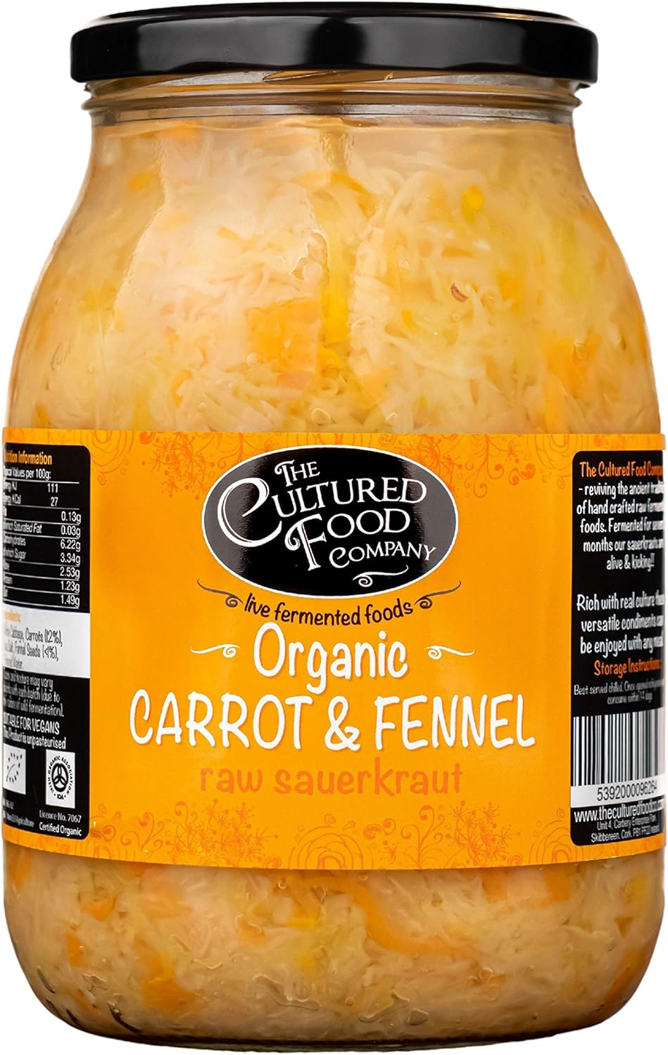 The Cultured Food Company - Organic Carrot & Fennel Sauerkraut 400G Jar X 2-100% Natural - Raw & Unpasteurised - Probiotic Rich - Traditionally Fermented Cabbage - Handmade - No Preservatives