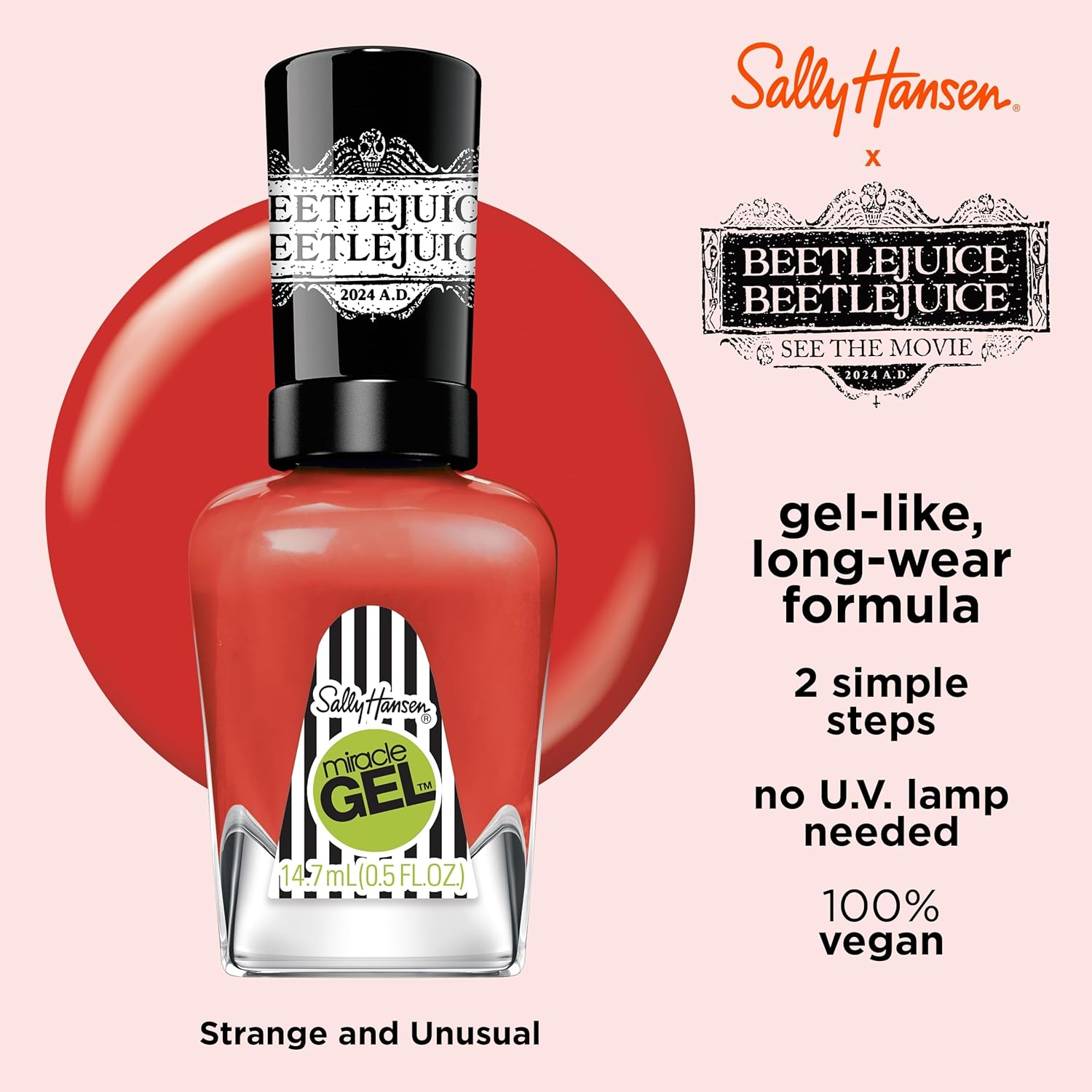 Sally Hansen Miracle Gel™, Beetlejuice Strange and Unusual?, Long Lasting, Gel-Like Formula, No UV Lamp Needed, Red Nail Polish