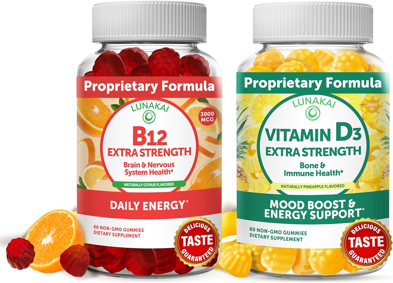 Vitamin B12 and Vitamin D3 Gummies Bundle - 3000 mcg B12 and 25 mcg 1000 UI Vitamin D3 - Gluten Free, No Corn Syrup, Organic, Non-GMO, Plant Based Gelatin Free