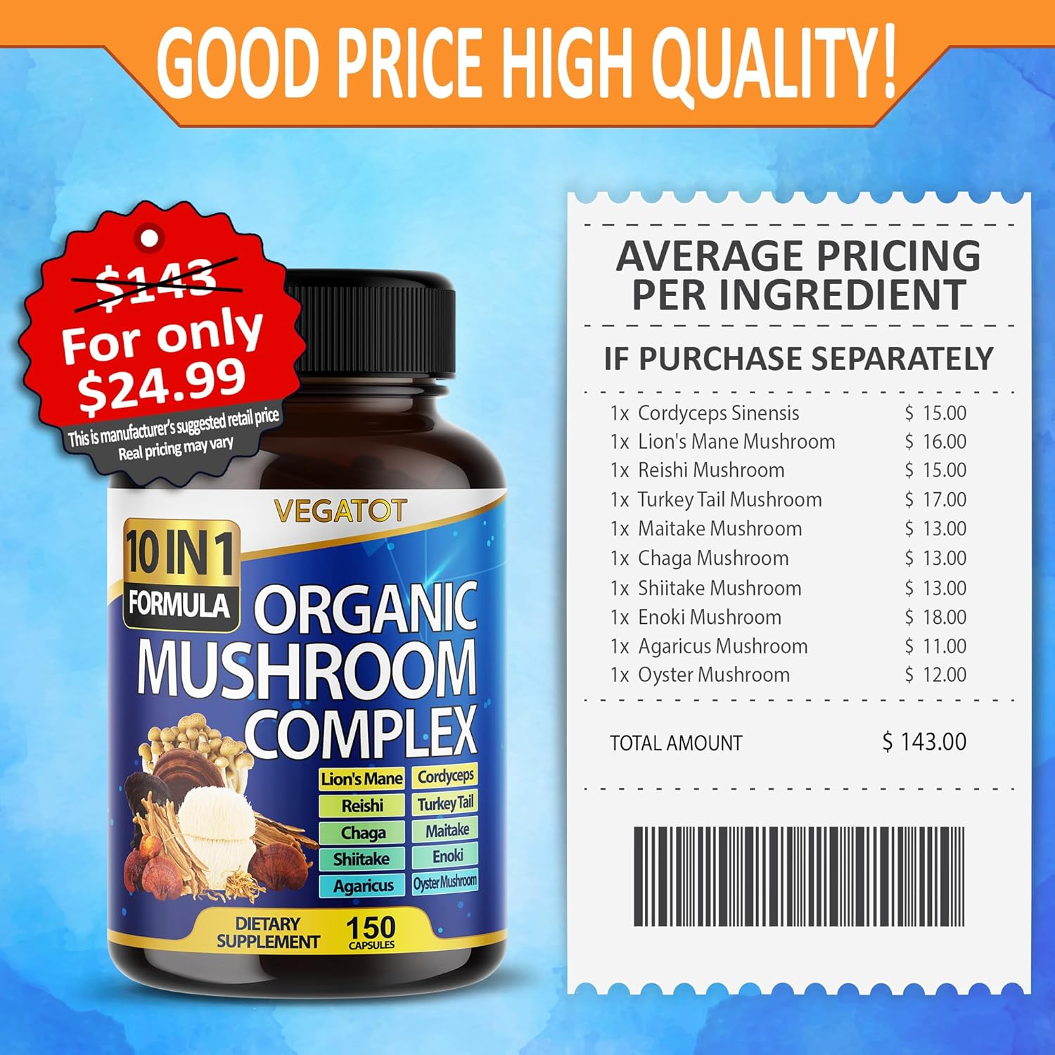 10 in 1 High Strength Mushroom Supplement 9,700MG - Lions Mane, Cordyceps, Reishi - Brain Supplements for Memory and Focus ** 5-Month Supply : Health & Household