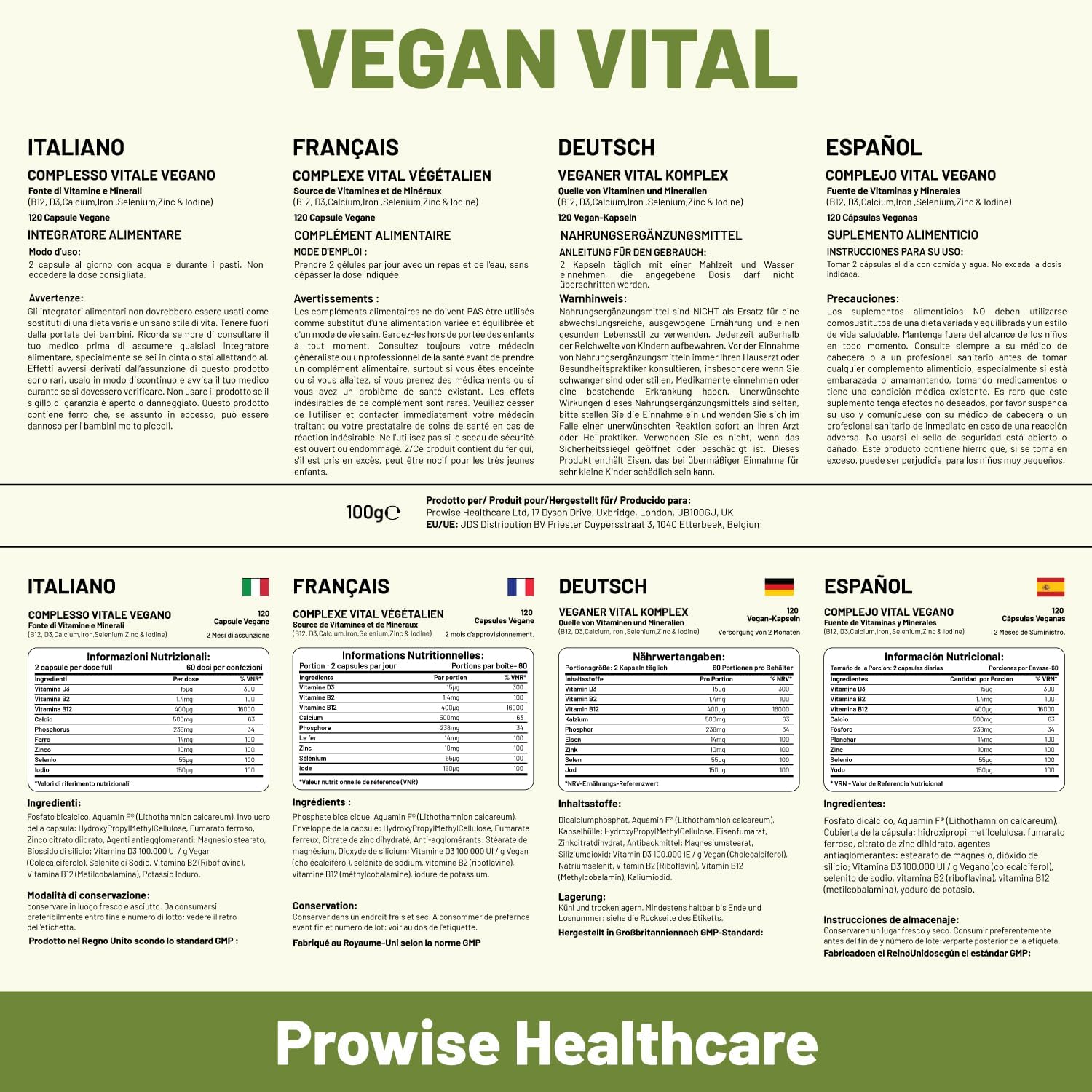 Buy Vegan Vital Multivitamins And Minerals | 120 Vegan Multivitamin Capsule | Calcium, Vitamin B12, Vitamin B2, Vitamin D3, Selenium, Iodine, Zinc & Iron | By Prowise Healthcare On  Free Shipping On Qualified Orders