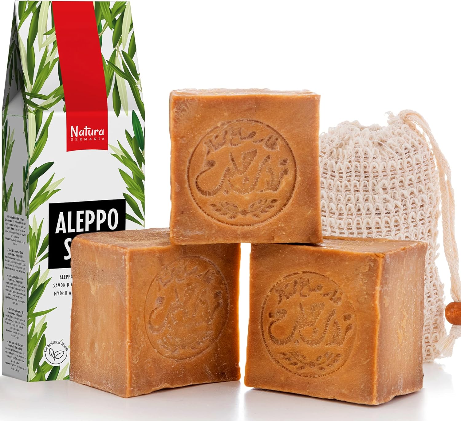 Natura Germania® 3 X Approx. 200 G Original Aleppo Soap 90% Olive Oil, 10% Laurel Oil