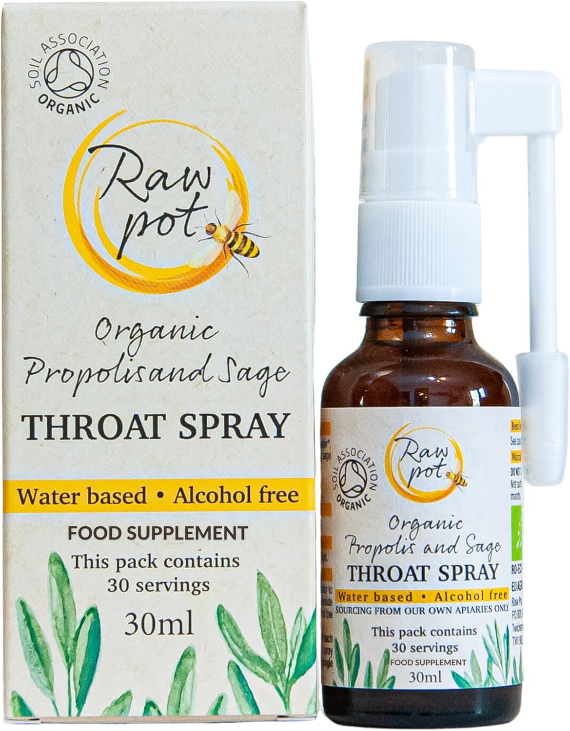 Raw Pot - Organic Propolis And Sage Throat Spray - Alcohol-Free Pure Natural Raw Bee Propolis Liquid Extract For Sore Throat Pain Relief, Immunity Support, Skin, Dental Care | Kids & Adults (30Ml)