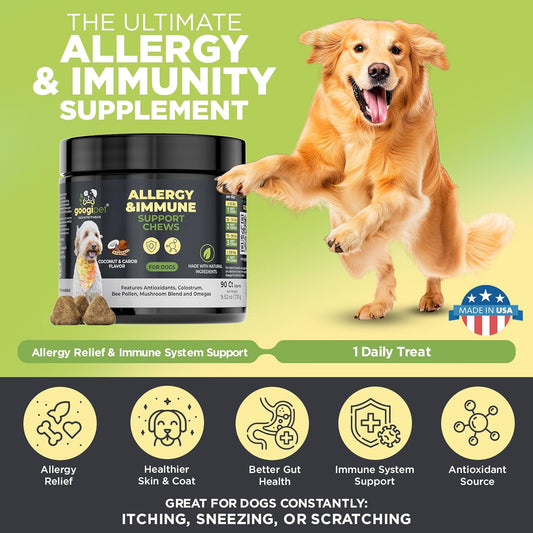 Googipet Dog Allergy Chews -Dog Allergy Relief & Itchy Skin Relief -Dog Skin & Coat Supplement +Bee Pollen, Colostrum for Dogs, Coconut Oil, Probiotics, & Omega 3 Fish Oil for Dogs Itching Skin Relief
