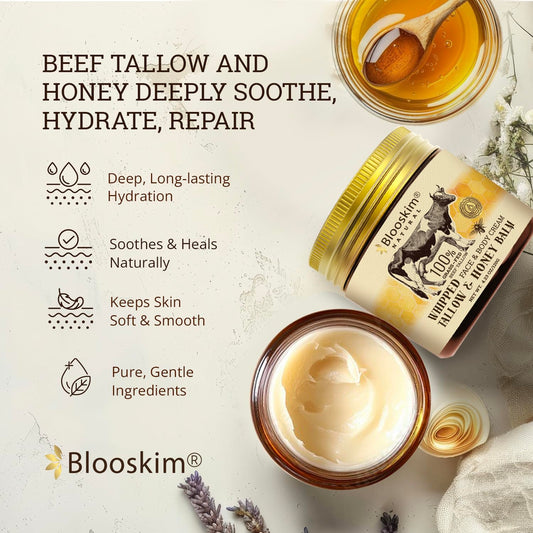 Beef Tallow For Skin: Pure Tallow And Honey Balm For Face - Grass Fed Tallow Face Moisturizer For Wrinkles, Dry Skin For Men And Women - 4 Oz