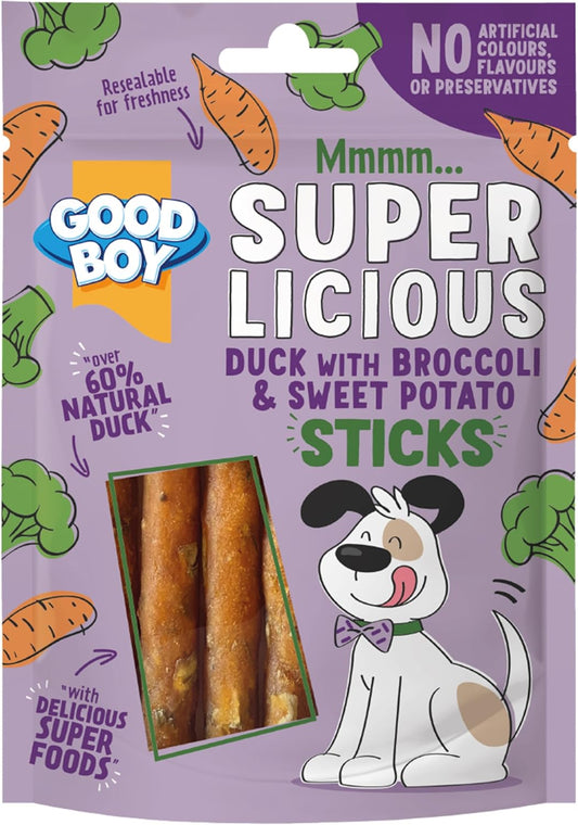 Good Boy Superlicious Duck, Broccoli & Sweet Potato Sticks - Natural Dog Treats - Low Fat Training Treats - Bulk Box - 14 X 70G