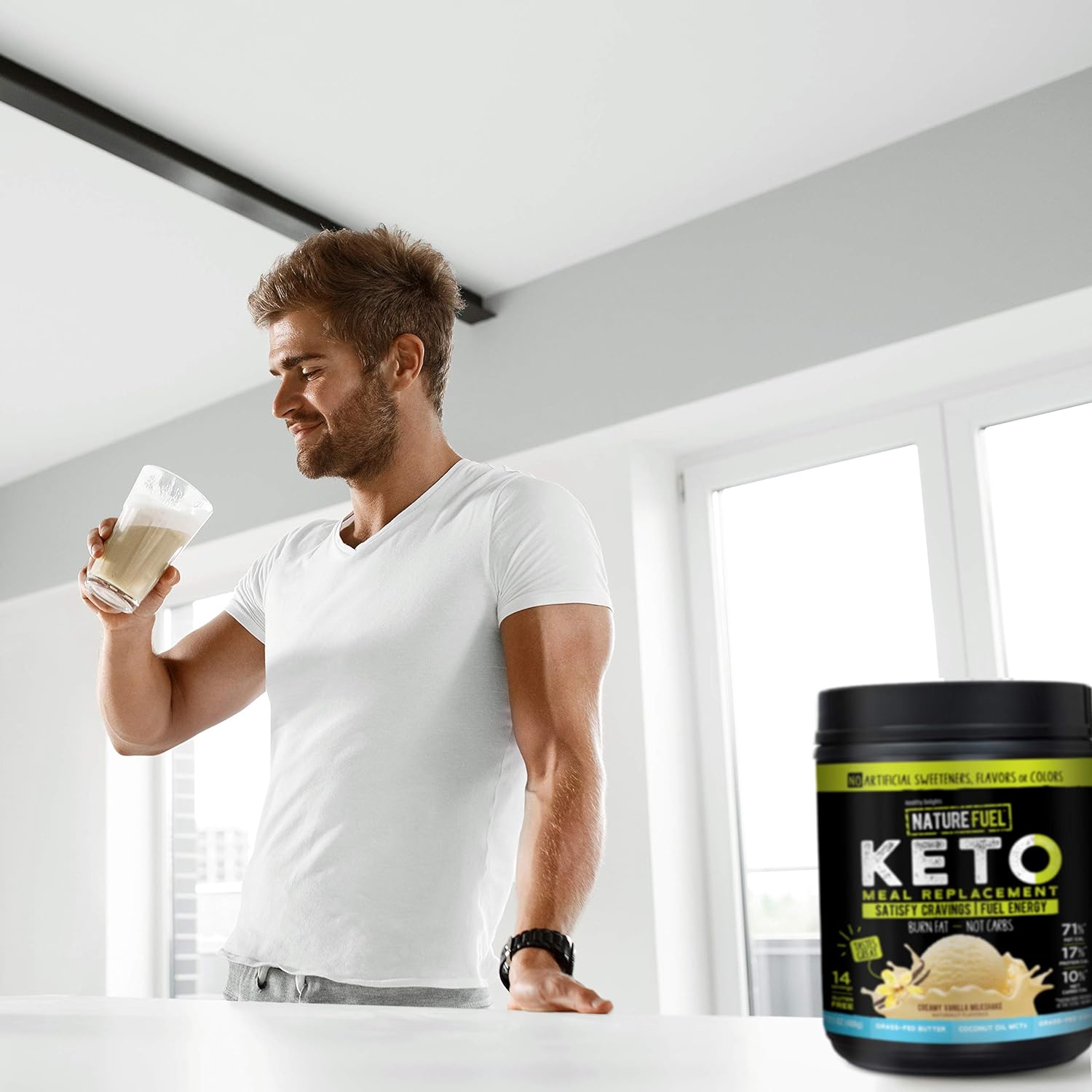 Nature Fuel Keto Meal Replacement Powder - Gluten Free with Coconut Oil MCTs and Grass-Fed Butter - Creamy Vanilla Milkshake - 14 Servings - Pantry Friendly, 17.1 Fl Oz : Health & Household