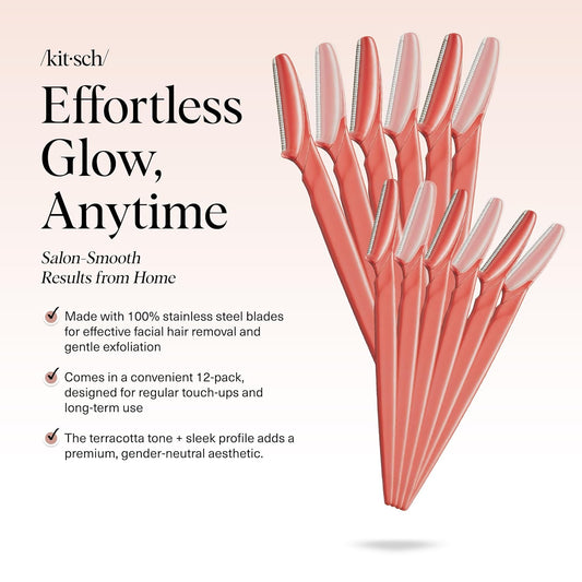 Kitsch Dermaplane Razor For Women Face - Face Razors For Women And Men - Eyebrow Trimmer, Shaver, Recycled Plastic Dermaplaning And Skin Care Tool - Coral, 12 Pcs
