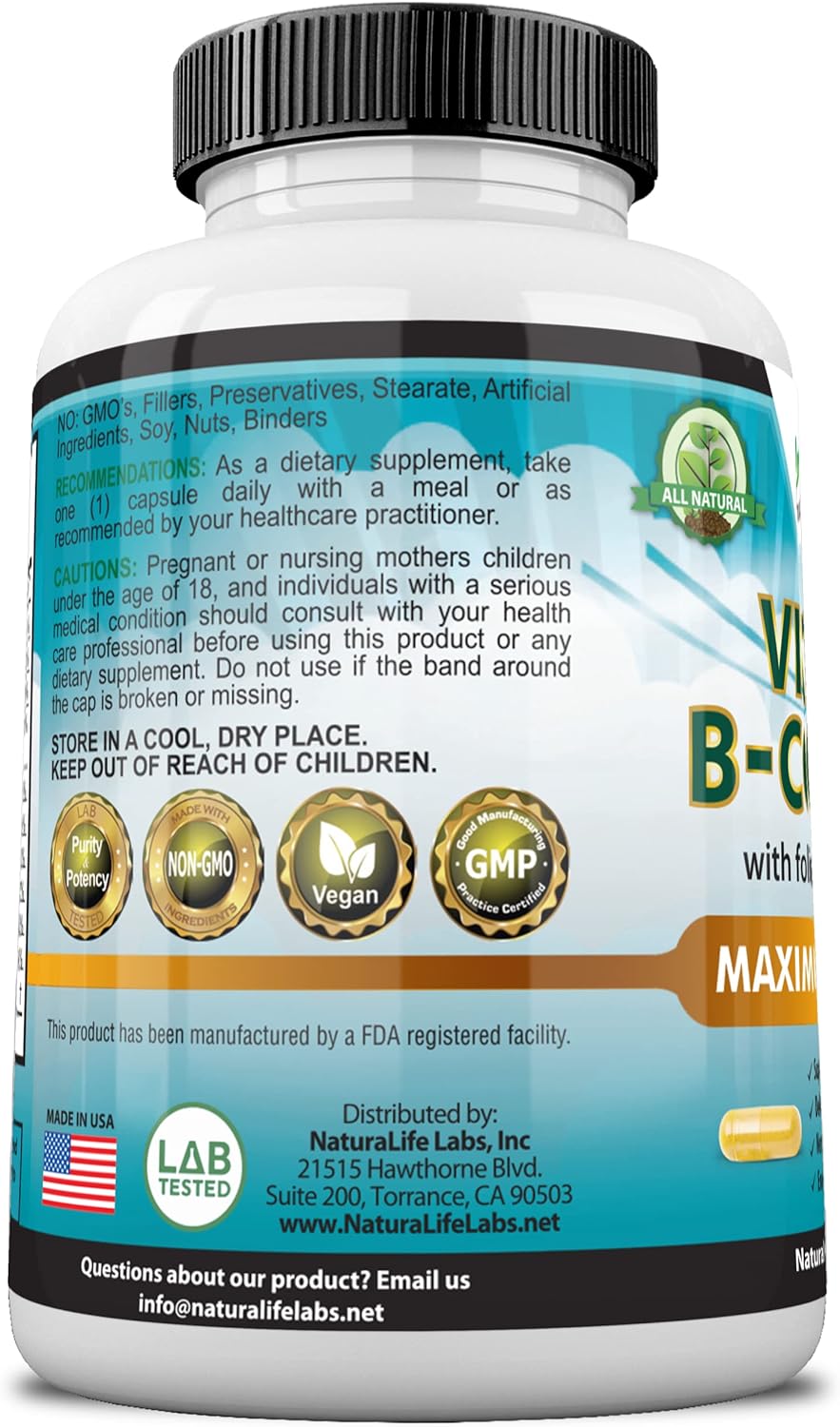 NaturaLife Labs A Higher Standard Vitamin B Complex with Vitamin C and Folic Acid - B12, B1, B2, B3, Vitamin B5 Pantothenic Acid, B6, B7, B9 - Nervous System Support 100 Veggie Capsules : Health & Household