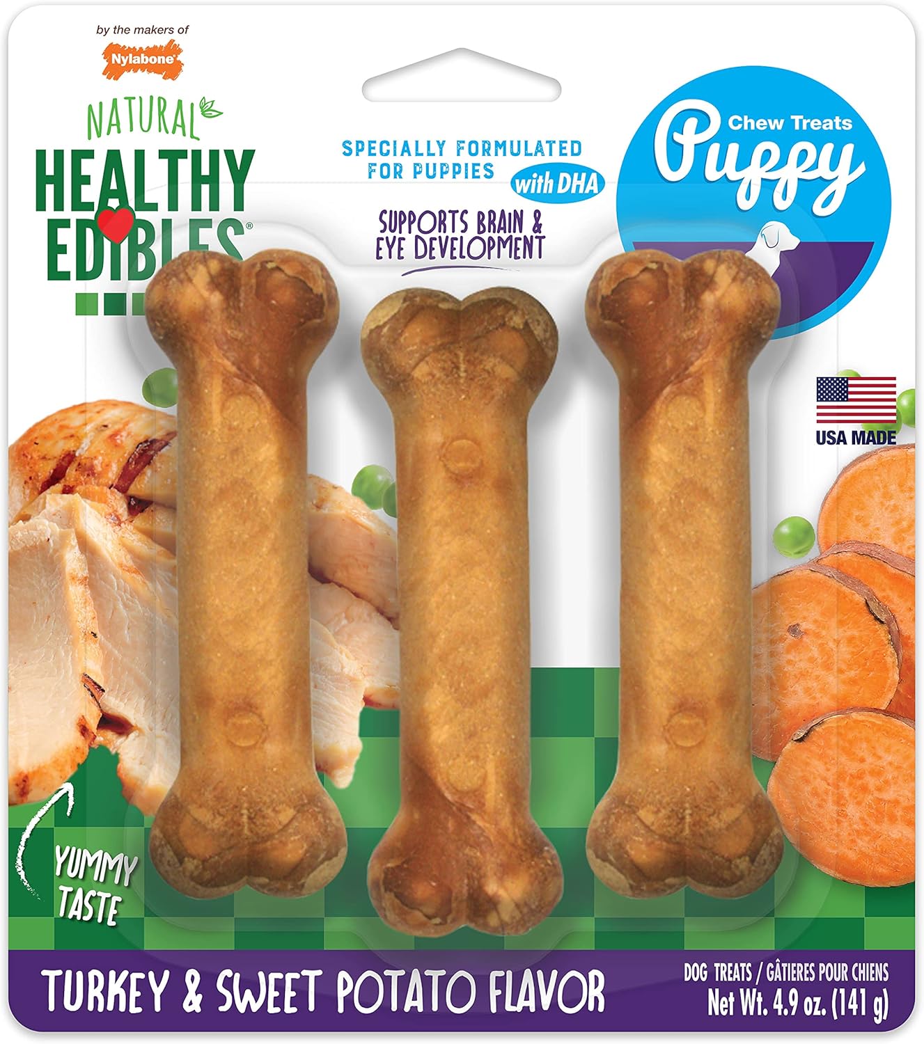 Nylabone Healthy Edibles Natural Puppy Chews Long Lasting Turkey & Sweet Potato Flavor Treats For Dogs, Small/Regular (3 Count)