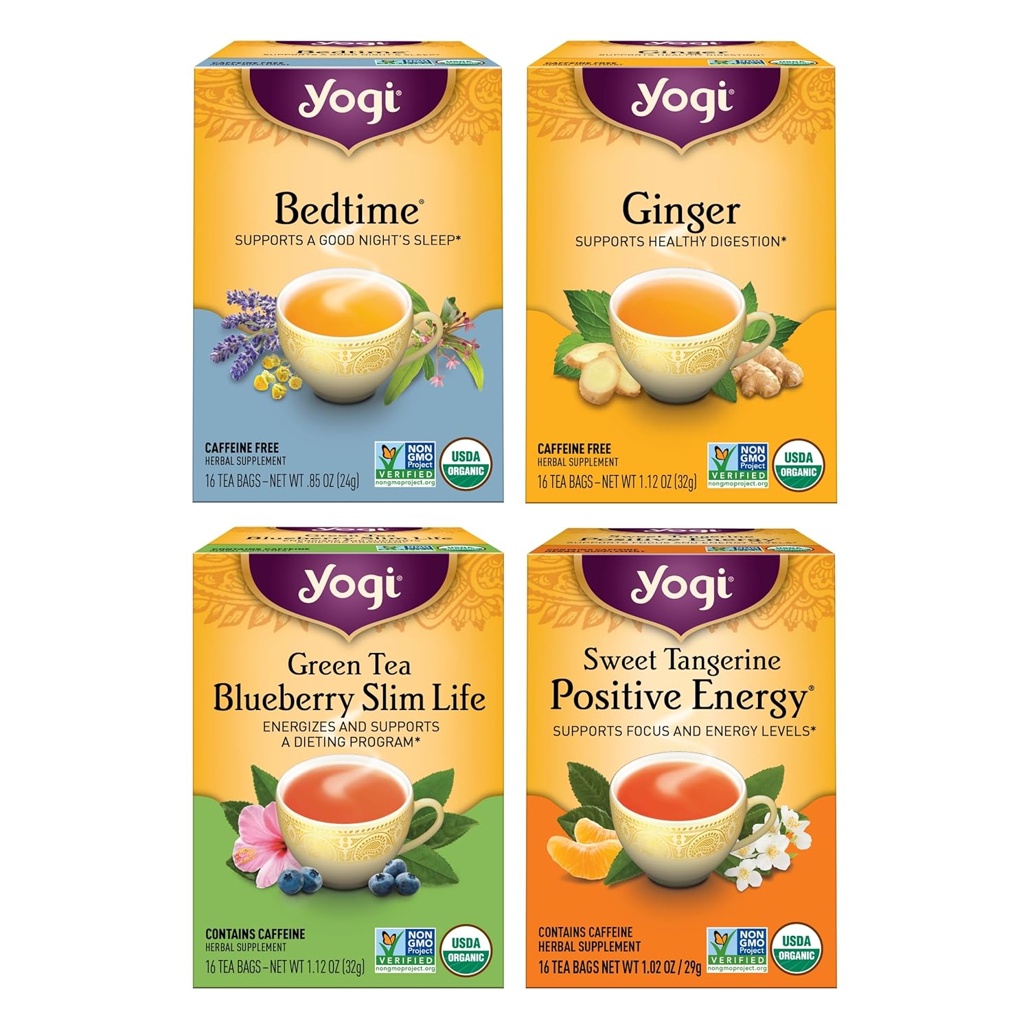 Yogi Tea Premium Wellness Variety Pack - 16 Tea Bags Per Pack (4 Packs) - Organic Black, Green & Herbal Teas - Includes Bedtime, Ginger, Green Tea Blueberry Slim Life & Sweet Tangerine Positive Energy