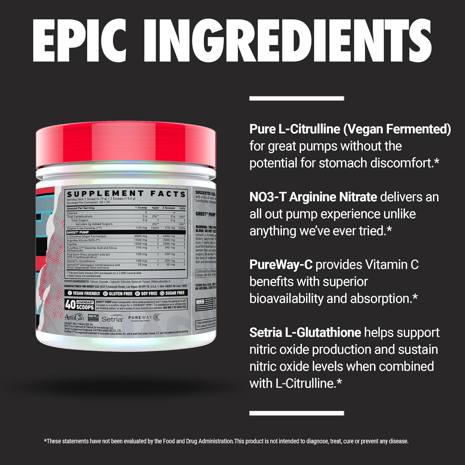 Ghost Pump Nitric Oxide Powder, Natty - 40 Servings - Sugar & Stim-Free Pre-Workout Supplements - L-Citrulline, Arginine Nitrate & L-Glutathione - Soy & Gluten-Free, Vegan : Health & Household