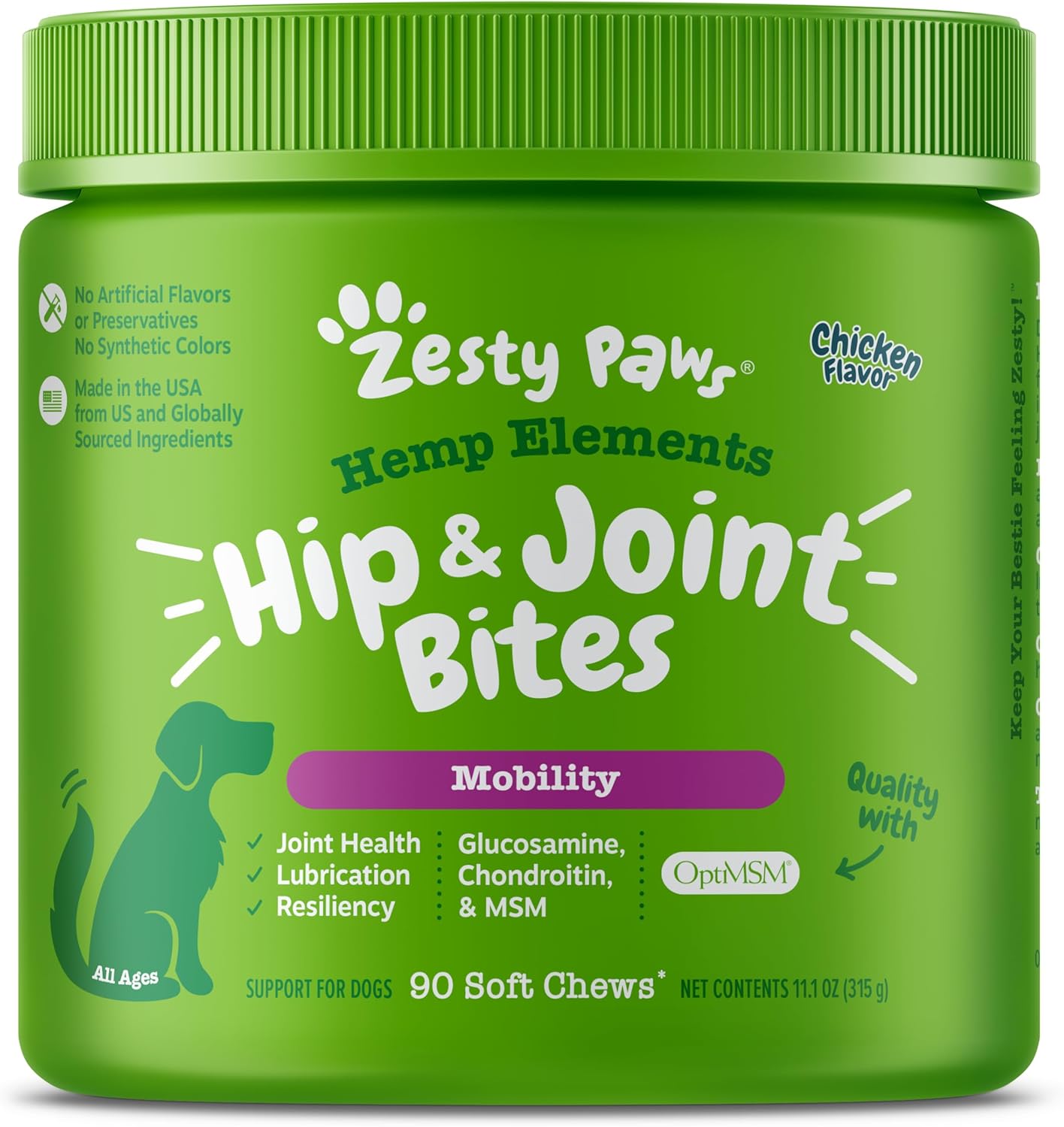 Zesty Paws Mobility Bites Dog Joint Supplement - Hip And Joint Chews For Dogs - Pet Products With Glucosamine, Chondroitin, & Msm + Vitamins C And E For Dog Joint Relief – Hemp - Chicken – 90 Count