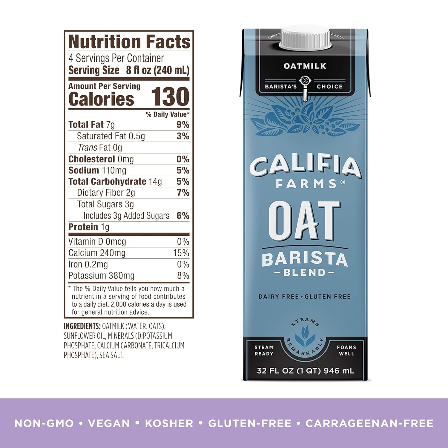 Califia Farms - Oat Barista Blend Oat Milk, 32 Oz, Dairy Free, Vegan, Plant Based, Gluten Free, Non Gmo, Milk Frother, Coffee Creamer