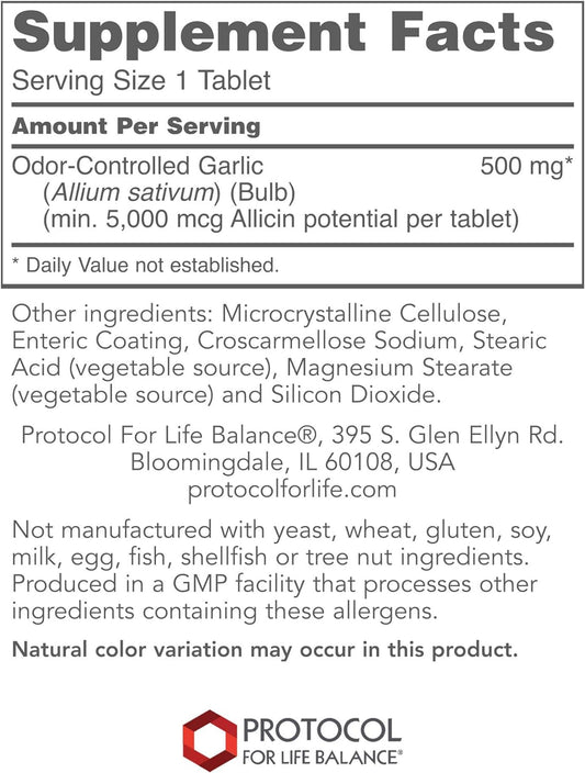 Protocol Garlic 5,000-5,000mcg Allicin Supplement - Odor Controlled, Enteric Coated - Vegan & Kosher - 90 Tablets
