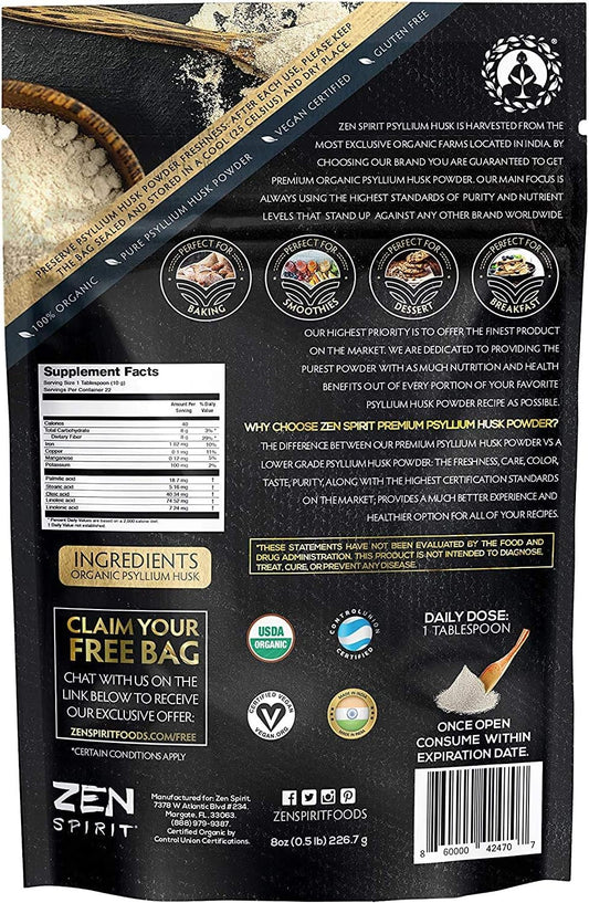 Organic Psyllium Husk Powder - Premium Indian Natural Soluble Fiber Supplement, Natural Laxative, Perfect Colon Cleanser & Body Detox - Gluten Free, Vegan & Keto Friendly (8oz)
