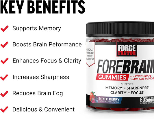 Force Factor Forebrain Gummies Nootropic Brain Support Supplement for Memory and Focus, Brain Vitamin with COGNIGRAPE and Huperzine A, Focus Gummies to Support Recall and Sharpness, 60 Gummies