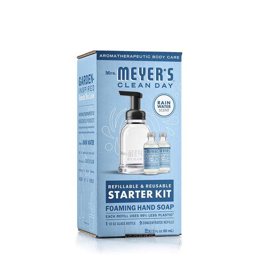 Mrs. Meyer'S Clean Day Foaming Hand Soap Dispenser & Concentrate Starter Kit,1 Glass Dispenser (10 Fl. Oz.) & 2 Concentrated Refills (2 Fl.Oz. Each),Rain Water, Makes 20 Fl. Oz. Of Foaming Soap Total