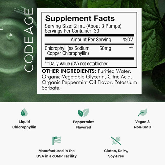 Codeage Chlorophyll Liquid Drops Supplement, Immune Support, Skin Care, Certified Organic Vegetable Glycerin Water, Liquid Chlorophyll, Organic Peppermint Flavor Clorofila, Vegan 2 Fl Oz