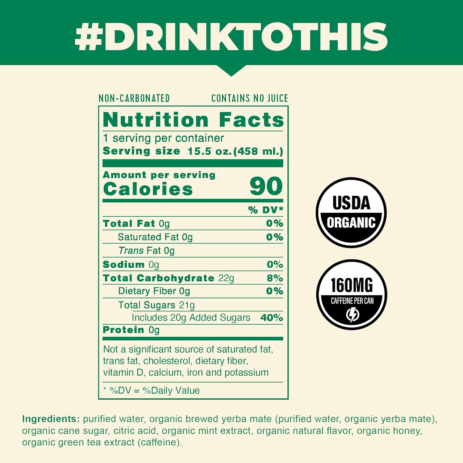 New! Clean Cause Mint & Honey Usda Organic Yerba Mate Tea (15.5Oz Cans, 12-Pack Case) Non-Carbonated, 160Mg Caffeine