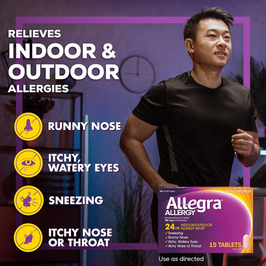 Allegra Adult 24Hr Non-Drowsy Antihistamine, 15 Tablets, Fast-Acting Allergy Symptom Relief, 180 Mg