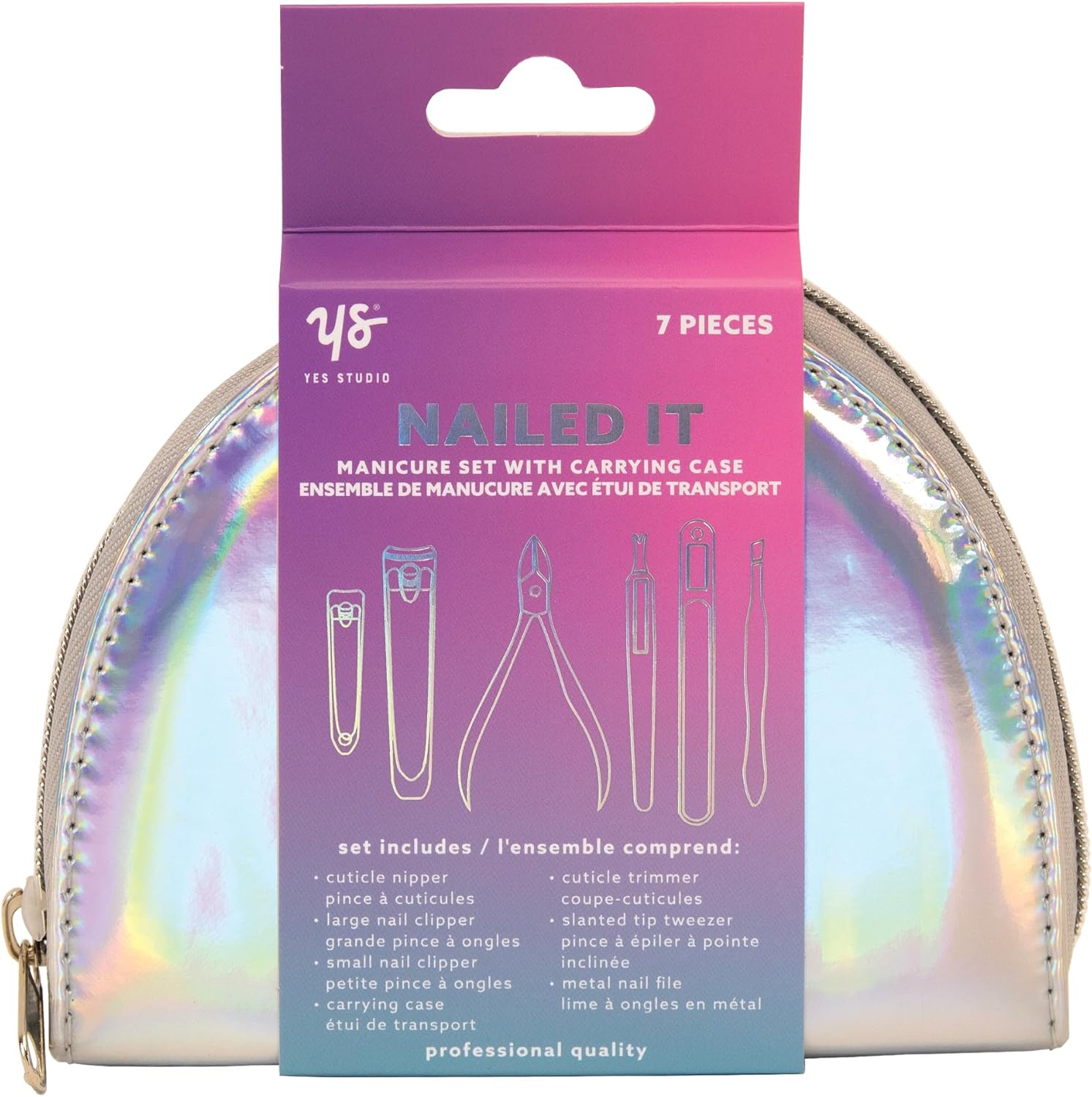 Yes Studio Nailed It Manicure Set Of 7 Nail Care Beauty Tools In Holographic Travel Case