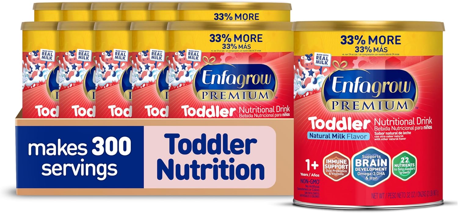 Enfagrow Premium Toddler Nutritional Drink, Made With Real Milk, Brain-Building Omega-3 Dha, Nutrients And Prebiotics For Growth & Immune Support, Non-Gmo, Toddler Milk Powder, 32 Oz Can, Pack Of 12