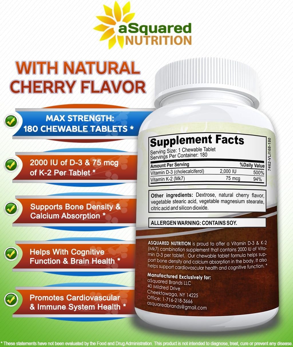 aSquared Nutrition Vitamin D3 with K2 Supplement-180 Chewable Tablets, Max Strength D-3 Cholecalciferol & K-2 MK7 to Support Healthy Bones, Teeth, Heart -Antioxidant D3 & K2 MK-7 Energy Formula Adults : Health & Household