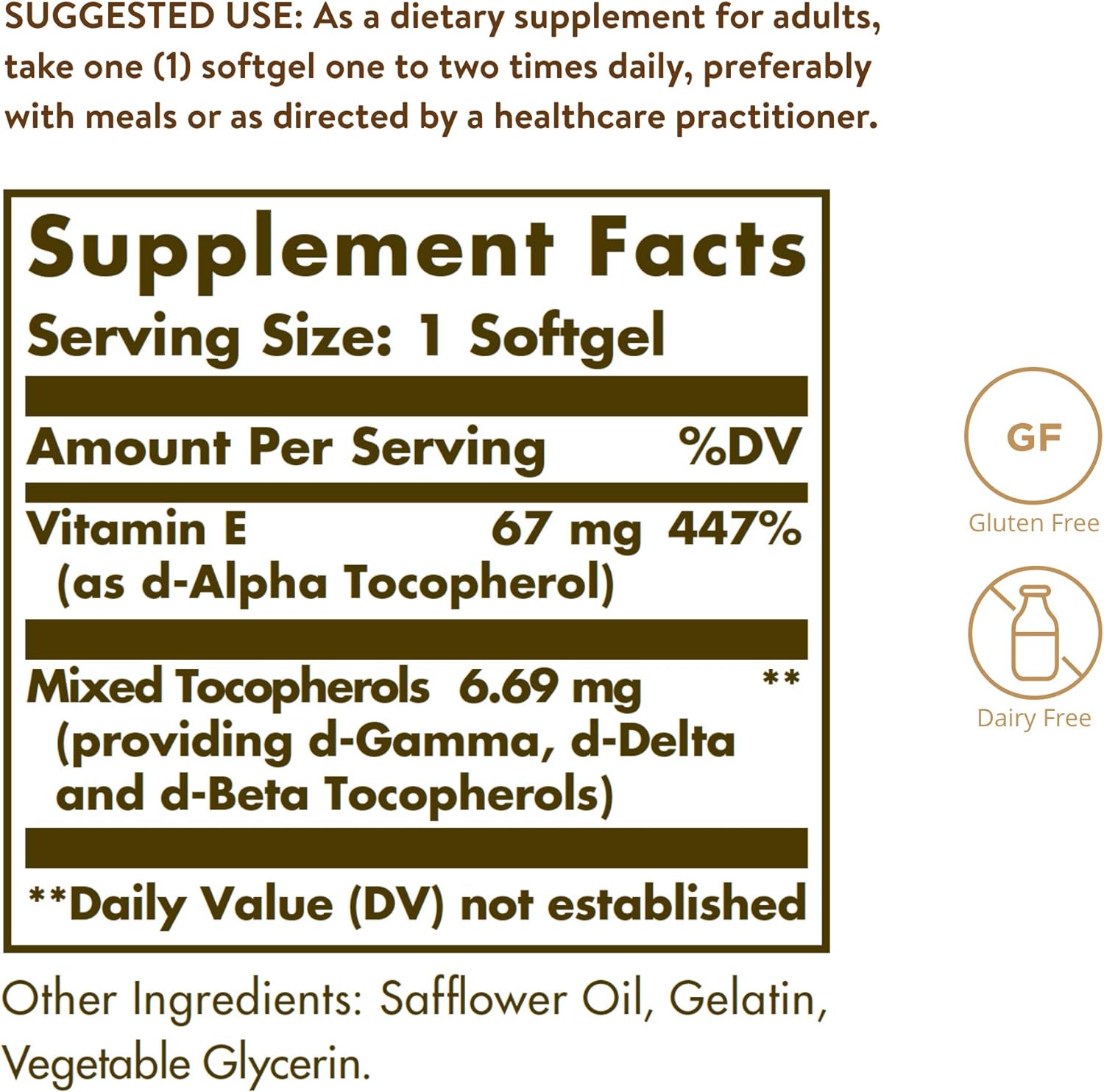 Solgar Vitamin E 67 mg (100 IU), 100 Mixed Softgels - Natural Antioxidant, Skin & Immune System Support - Naturally-Sourced Vitamin E - Gluten Free, Dairy Free - 100 Servings : Health & Household