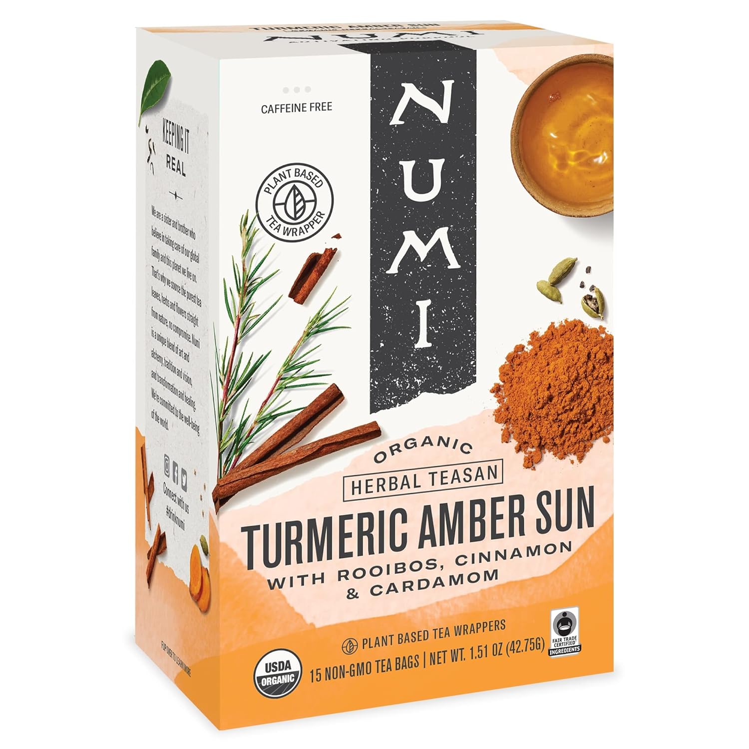 Numi Organic Amber Sun Turmeric Tea, 15 Tea Bags (Pack Of 3), With Rooibos & Spices, Herbal Tea (Packaging May Vary)