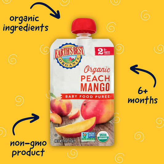 Earth'S Best Organic Baby Food Pouches, Stage 2 Fruit Puree For Babies 6 Months And Older, Organic Peach And Mango Puree, 4 Oz Resealable Pouch (Pack Of 12)