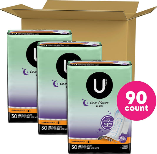 U by Kotex Clean & Secure Overnight Maxi Pads with Wings, 90 Count (3 Packs of 30) (Packaging May Vary)